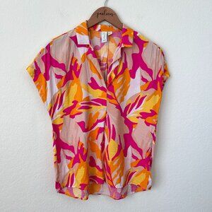 Joie Top Womens XS Orange Pink Camo Leaf Print Short Sleeve Popover Shirt